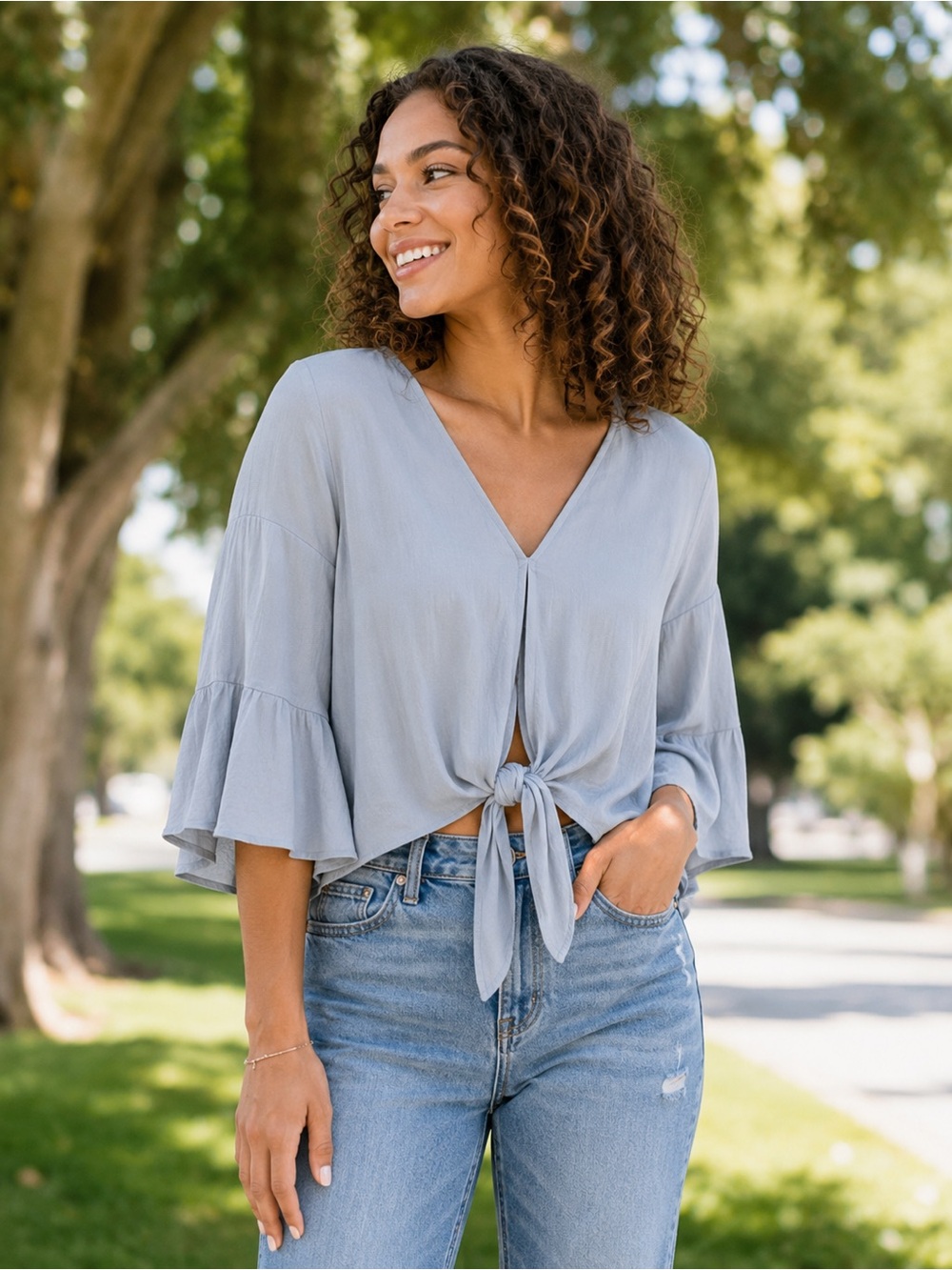 LAUREN CONRAD Polyester Boho Light Blue Tie-Front Blouse Size XS